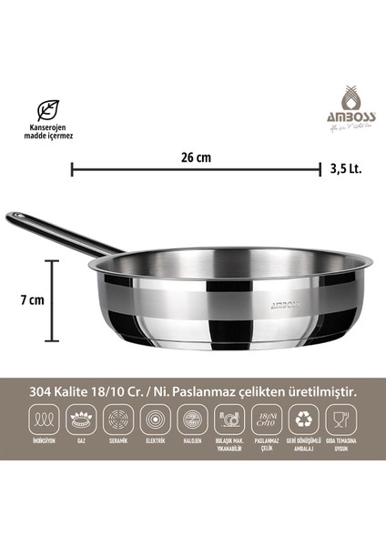 Ambos Saphire 26 Cm Paslanmaz Çelik İndüksiyon Uyumlu Çelik Tava