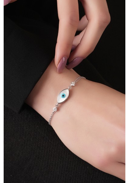 925 Ayar Gümüş, Rodyum Kaplamalı Sedef Taşlı Göz Bileklik