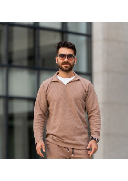 "erkek Polo Yaka Uzun Kollu T-Shirt – Waffle Kumaş, %100 Pamuk, Regular Fit, Günlük ve Spor Kullanım, Kahverengi (S-M-L-Xl-Xxl)"