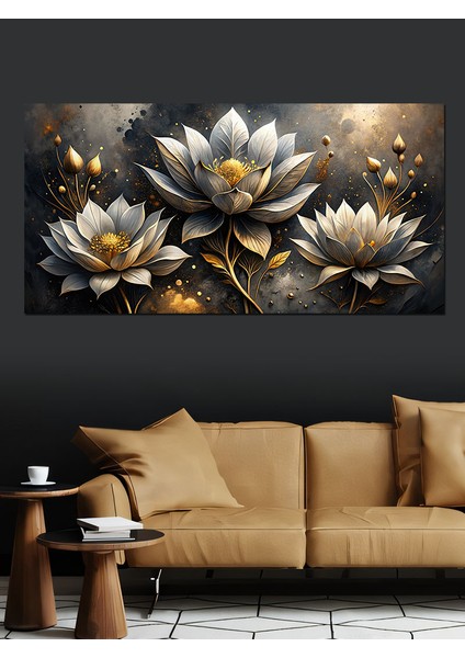 Kanvas Tablo Altın Beyaz Lotus Çiçekleri