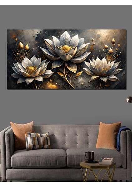 Kanvas Tablo Altın Beyaz Lotus Çiçekleri modelleri