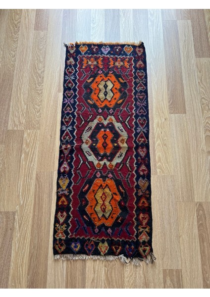 53 x 128 cm Küçük Boy Canlı Renkli Yün El Dokuma Harika Kondisyonlu Kilim