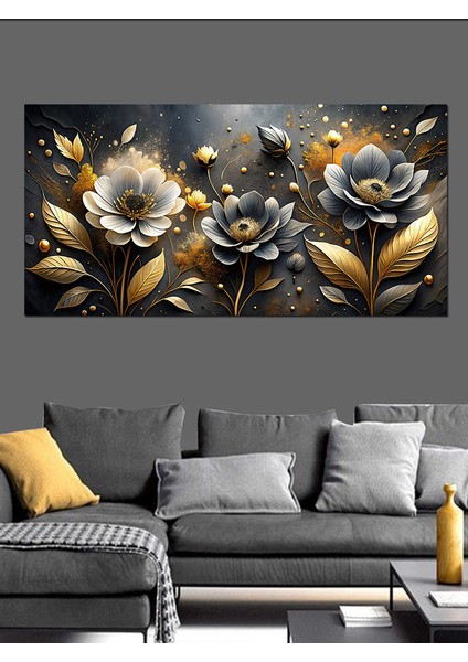 Kanvas Tablo Siyah ve Altın Çiçekler