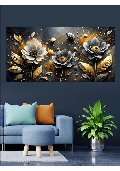 Kanvas Tablo Siyah ve Altın Çiçekler modelleri