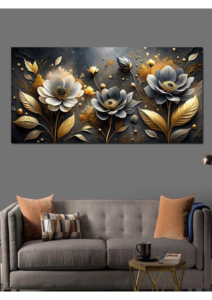 Kanvas Tablo Siyah ve Altın Çiçekler fırsatları