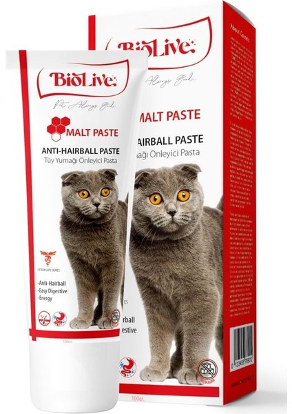 Biolive Antihairball Kediler Için Tüy Yumağı Önleyici Paste 100GR