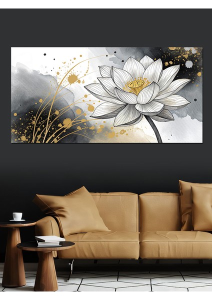 Kanvas Tablo Altın Beyaz Lotus Çiçeği