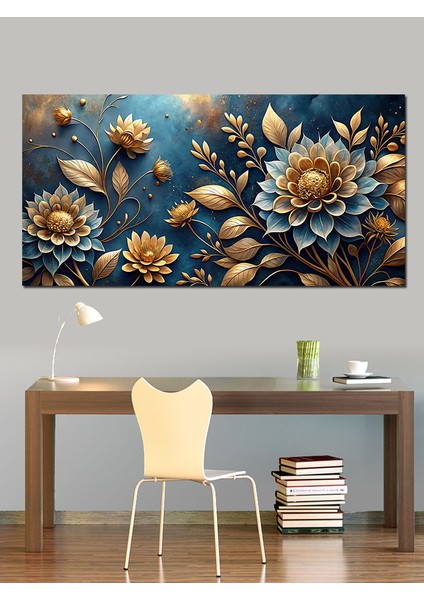 Kanvas Tablo Altın ve Mavi Lotus Çiçekleri