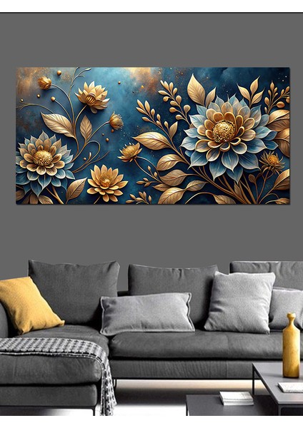 Kanvas Tablo Altın ve Mavi Lotus Çiçekleri