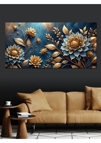 Kanvas Tablo Altın ve Mavi Lotus Çiçekleri