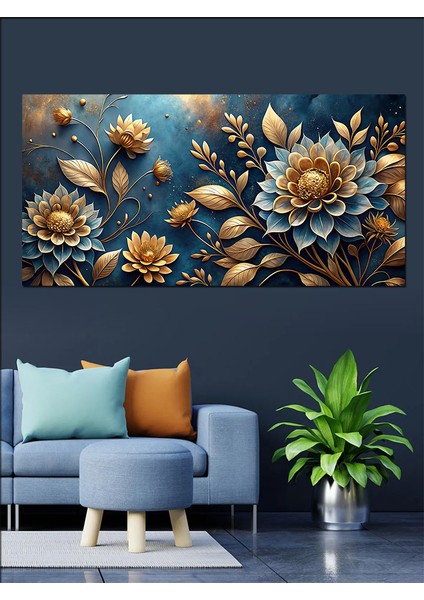 Kanvas Tablo Altın ve Mavi Lotus Çiçekleri