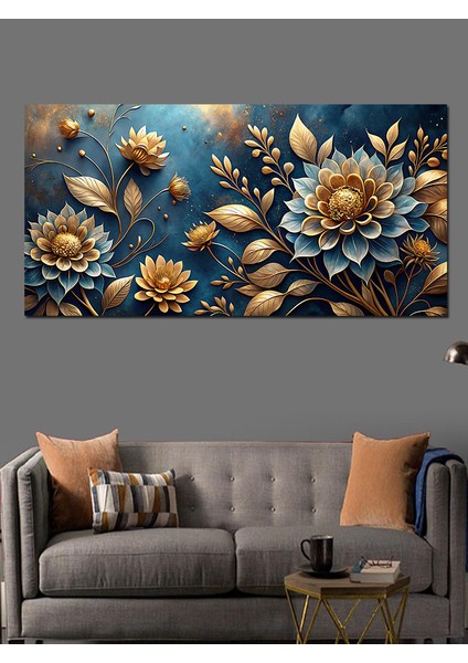 Kanvas Tablo Altın ve Mavi Lotus Çiçekleri