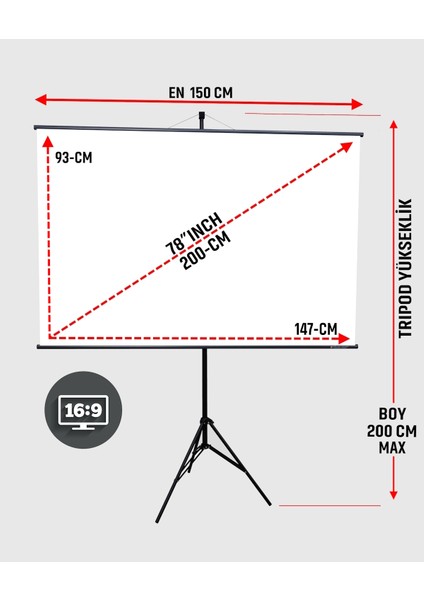 En150cm Boy95cm Projeksiyon Perdesi Tripodlu-Ayaklı Taşınabilir Yeni Akıllı Kumaş Işık Geçirmez