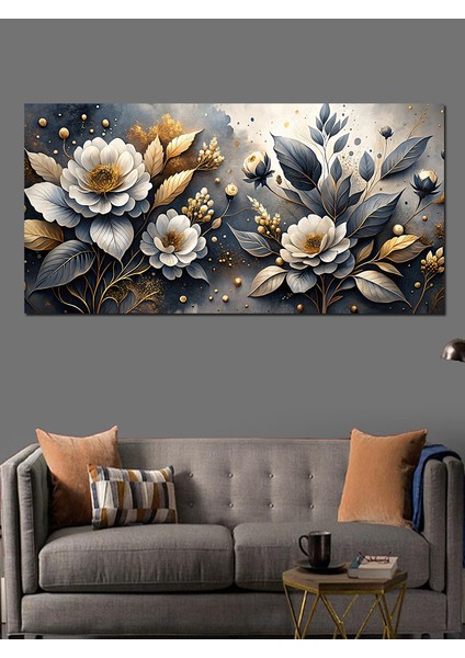 Kanvas Tablo Beyaz ve Altın Çiçekler