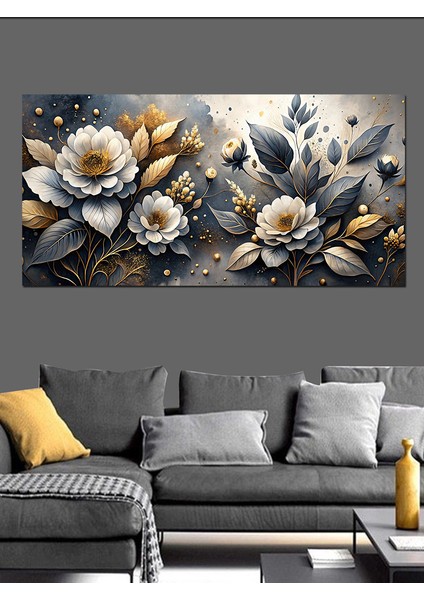 Kanvas Tablo Beyaz ve Altın Çiçekler modelleri