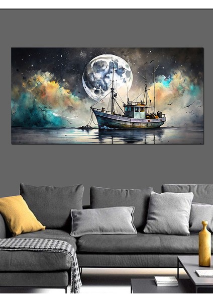 Kanvas Tablo Dolunay ve Yelkenli Gemi