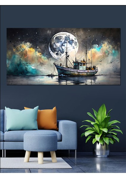 Kanvas Tablo Dolunay ve Yelkenli Gemi modelleri