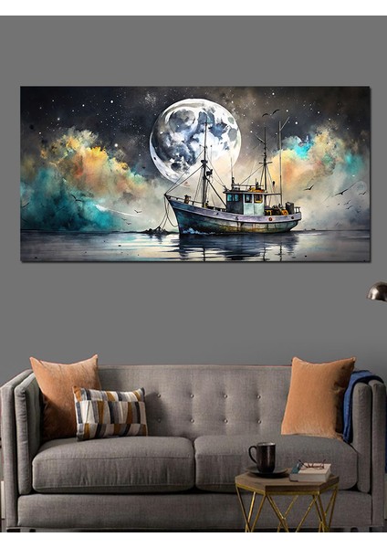Kanvas Tablo Dolunay ve Yelkenli Gemi fırsatları
