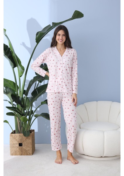 Kadın 30030 Boydan Düğmeli Uzun Kol Pijama Takımı Pembe