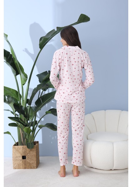 Kadın 30030 Boydan Düğmeli Uzun Kol Pijama Takımı Pembe