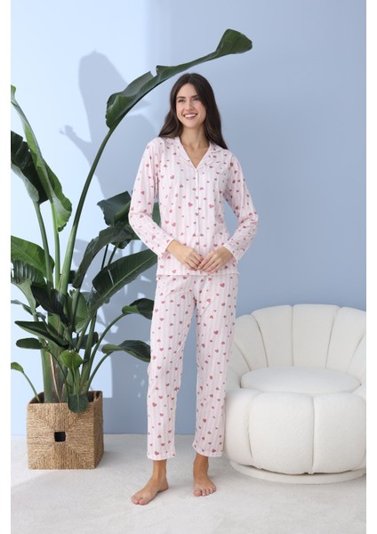 Kadın 30030 Boydan Düğmeli Uzun Kol Pijama Takımı Pembe