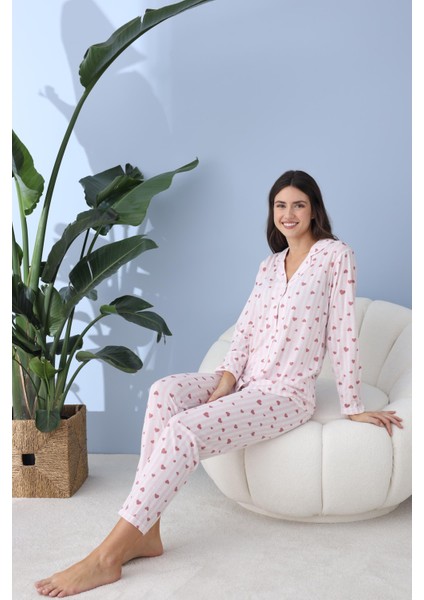 Kadın 30030 Boydan Düğmeli Uzun Kol Pijama Takımı Pembe