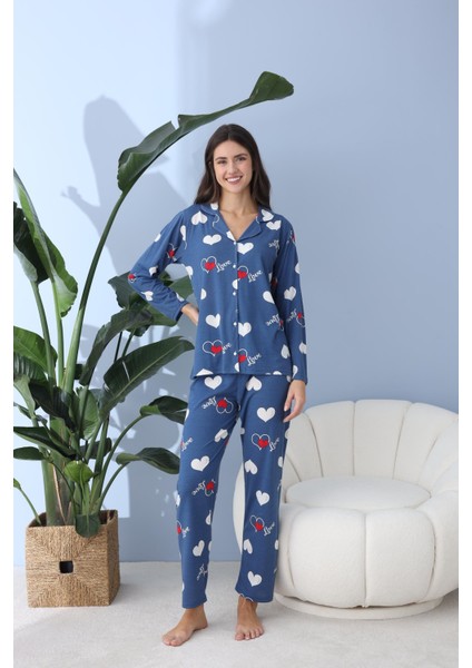 Kadın 30013 Boydan Düğmeli Uzun Kol Pijama Takımı Mavi