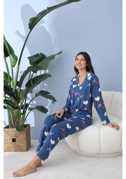 Kadın 30013 Boydan Düğmeli Uzun Kol Pijama Takımı Mavi fırsatları