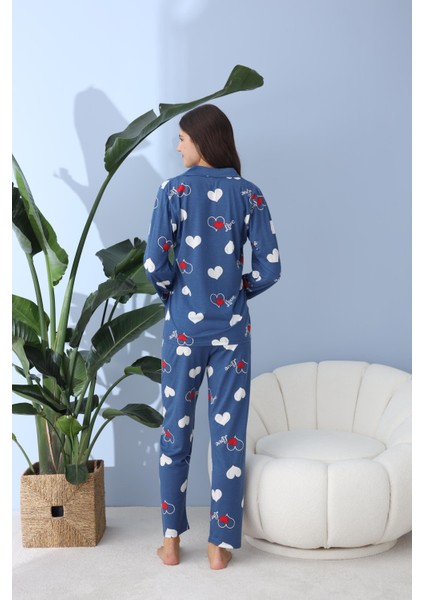 Kadın 30013 Boydan Düğmeli Uzun Kol Pijama Takımı Mavi