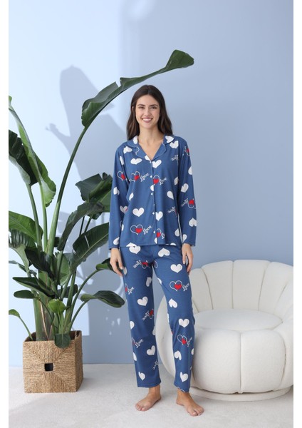 Kadın 30013 Boydan Düğmeli Uzun Kol Pijama Takımı Mavi