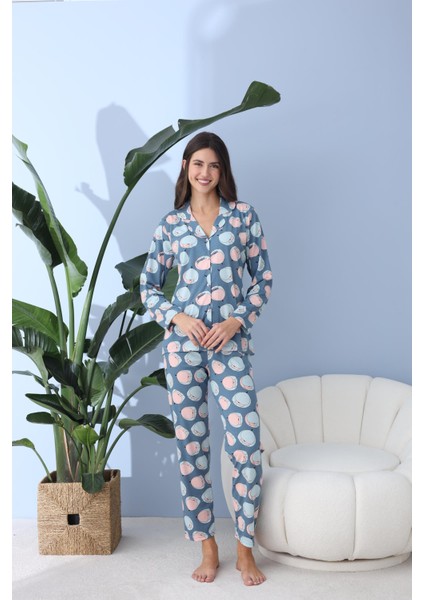 Kadın 30001 Boydan Düğmeli Uzun Kol Pijama Takımı Mavi