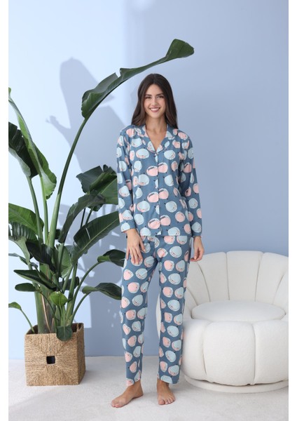 Kadın 30001 Boydan Düğmeli Uzun Kol Pijama Takımı Mavi