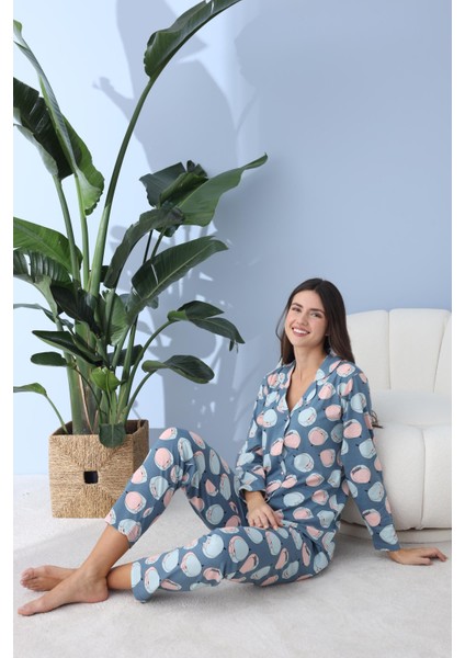Kadın 30001 Boydan Düğmeli Uzun Kol Pijama Takımı Mavi