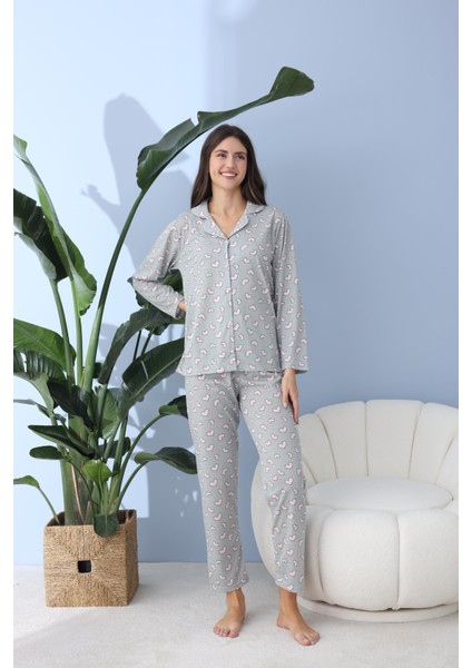 Kadın 30033 Boydan Düğmeli Uzun Kol Pijama Takımı Yeşil