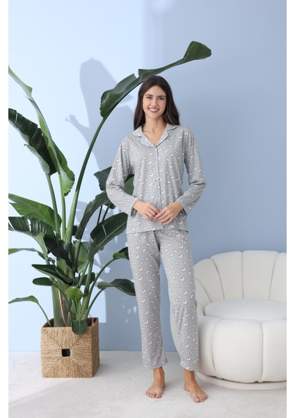 Kadın 30033 Boydan Düğmeli Uzun Kol Pijama Takımı Yeşil modelleri