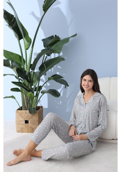 Kadın 30033 Boydan Düğmeli Uzun Kol Pijama Takımı Yeşil fırsatları