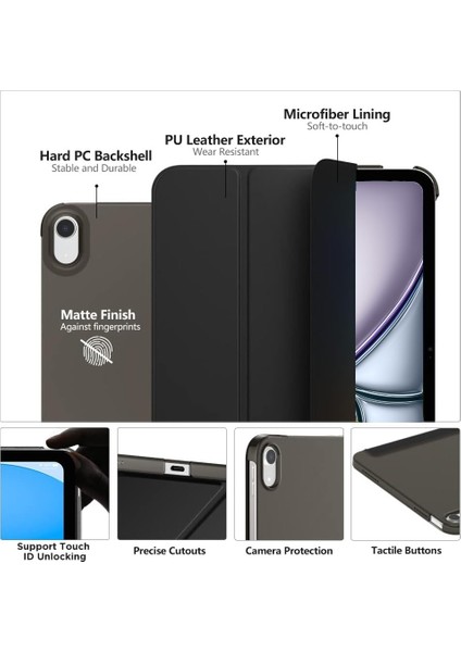 Apple iPad Air 11 Inc M3 (2025) Yatay Standlı Uyku Modlu Basic Arkası Sert Smart Kılıf