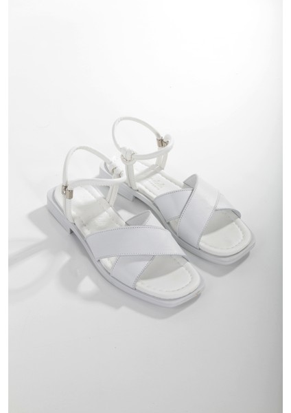MİA028-3010 Deri Kadın Günlük Konforlu Beyaz Tatil Sandalet modelleri