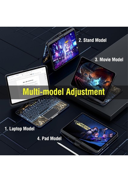 Apple iPad Air 11 Inc M3 (2025) LED Aydınlatmalı Bluetoothlu Touchpadli 360° Dönebilen Transparent Klavyeli Kılıf