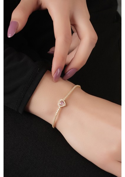 925 Ayar Gümüş, Gold Kaplamalı Pırlanta Montür Pembe Taşlı Kalp Tasarım Su Yolu Bileklik fiyatları