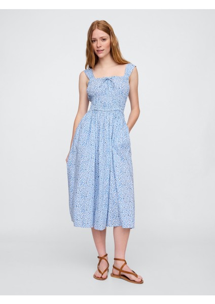 Kadın Mavi Çiçek Desenli Midi Elbise