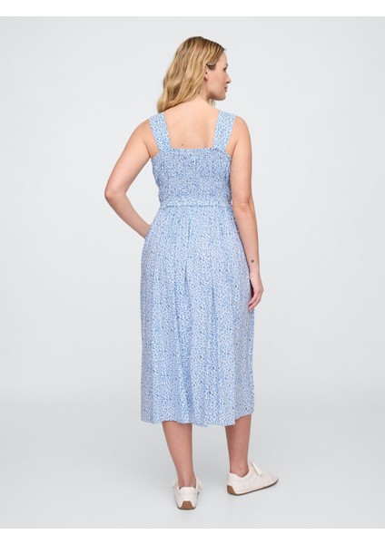 Kadın Mavi Çiçek Desenli Midi Elbise modelleri