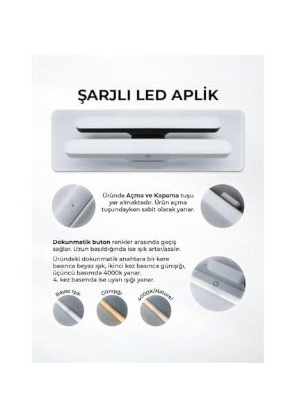 Şarjlı LED Işık Mıknatıslı Taşınabilir Makyaj Ayna Lambası Dokunmatik 3 Renk Ayarlanabilir, Makyaj Işığı, Martı Cabinet, Mutfak Tezgah, Elbise Dolabı, Yatak Odası Cata 5249 (1 Adet)