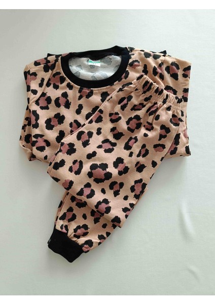Kız Çocuk Uzun Kollu Kahverengi Siyah Noktalı Leopar Desenli Pijama Takımı