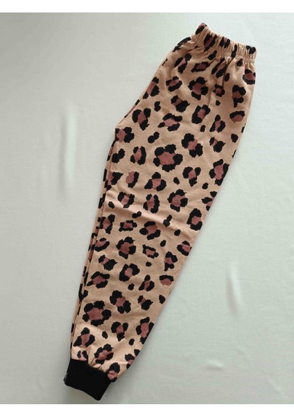 Kız Çocuk Uzun Kollu Kahverengi Siyah Noktalı Leopar Desenli Pijama Takımı