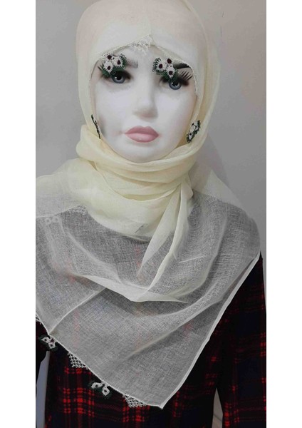 2 Tarafı Iğne Oyalı Baş Örtüsü En-Boy 80cm Sarı Renk modelleri