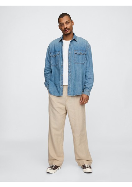 Erkek Bej Keten Pamuk Karışımlı '90S Loose Pileli Khaki Pantolon