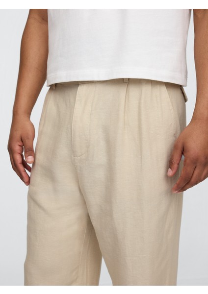 Erkek Bej Keten Pamuk Karışımlı '90S Loose Pileli Khaki Pantolon modelleri