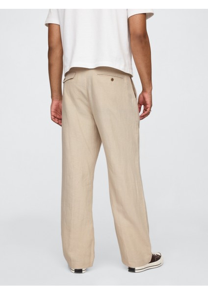 Erkek Bej Keten Pamuk Karışımlı '90S Loose Pileli Khaki Pantolon fırsatları