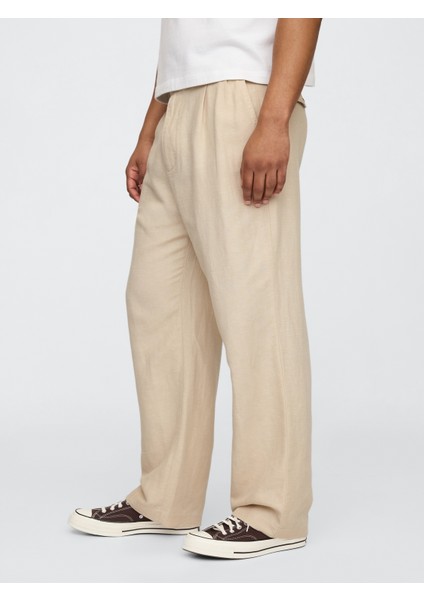 Erkek Bej Keten Pamuk Karışımlı '90S Loose Pileli Khaki Pantolon indirimleri